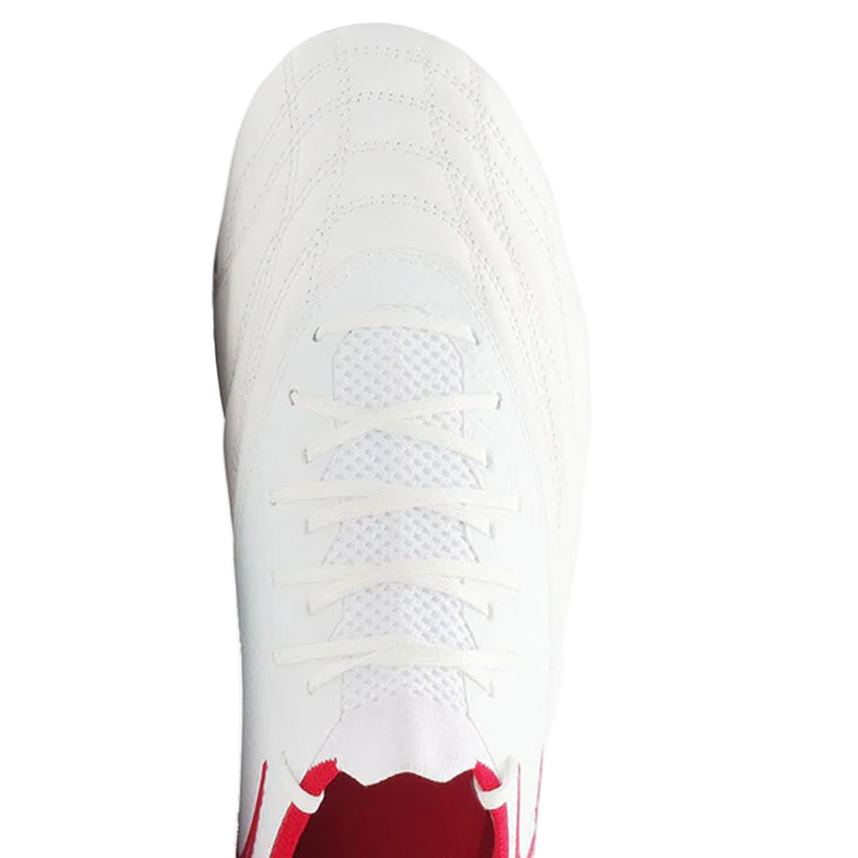 Top view of the Gilbert Icon Players 8S - White rugby boot by Gilbert, featuring white laces, visible stitching, and a red interior trim—perfect for elite forwards aiming for top performance on soft ground.