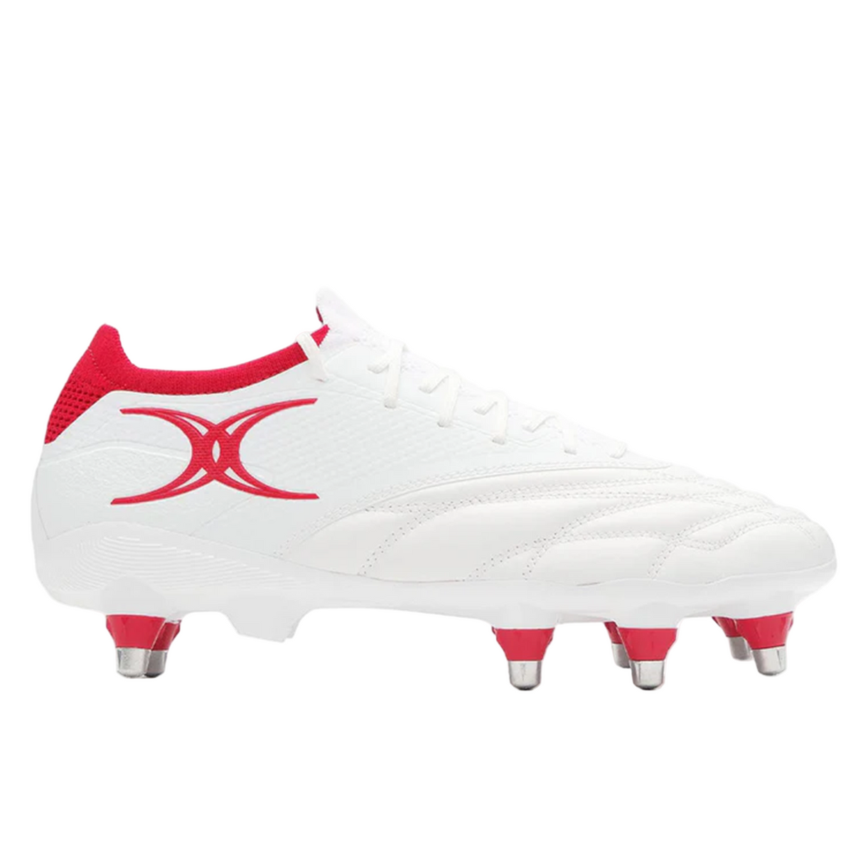 The Gilbert Icon Players 8S - White is a soft ground rugby boot by Gilbert, featuring red accents, metal studs, and a red side logo—perfect for forwards seeking grip and support. Photographed on a plain white background.