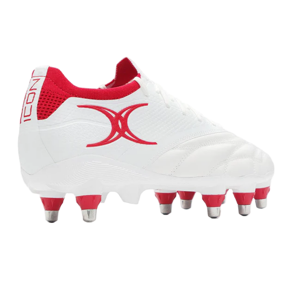 The Gilbert Icon Players 8S - White rugby boots by Gilbert are designed for elite forwards, delivering excellent traction on soft ground.