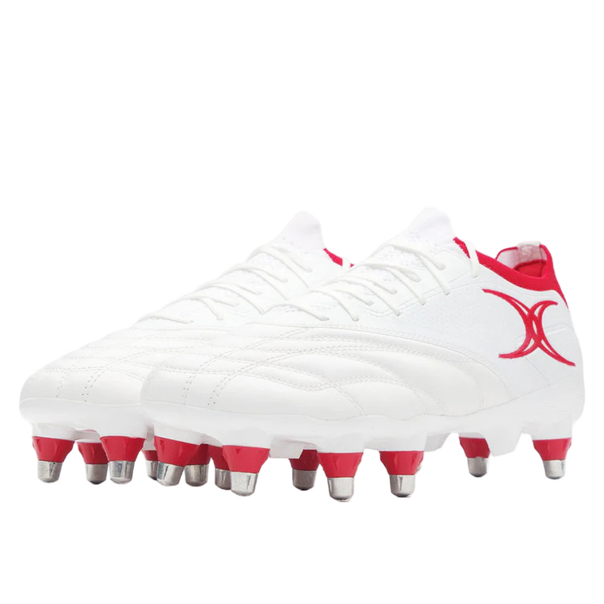 The Gilbert Icon Players 8S rugby boots by Gilbert feature a white design with red accents, metal studs, and a bold red logo—ideal for elite forwards on soft ground.
