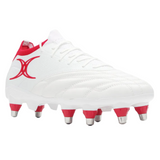 The Gilbert Icon Players 8S - White is a white rugby boot with red accents, metal studs, and a red Gilbert logo on the side, shown against a plain white background.
