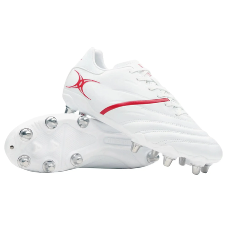 The Gilbert Sidestep X20 8S Power rugby boots in white/red feature metal studs and soft ground traction, ideal for forwards. One boot is upright while the other displays the sole.