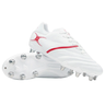 The Gilbert Sidestep X20 8S Power rugby boots in white/red feature metal studs and soft ground traction, ideal for forwards. One boot is upright while the other displays the sole.