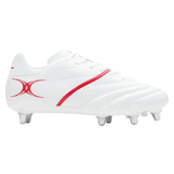 The Gilbert Sidestep X20 8S Power rugby boot in white/red features metal studs, a lace-up design, and is perfect for forwards needing grip and stability on soft ground.