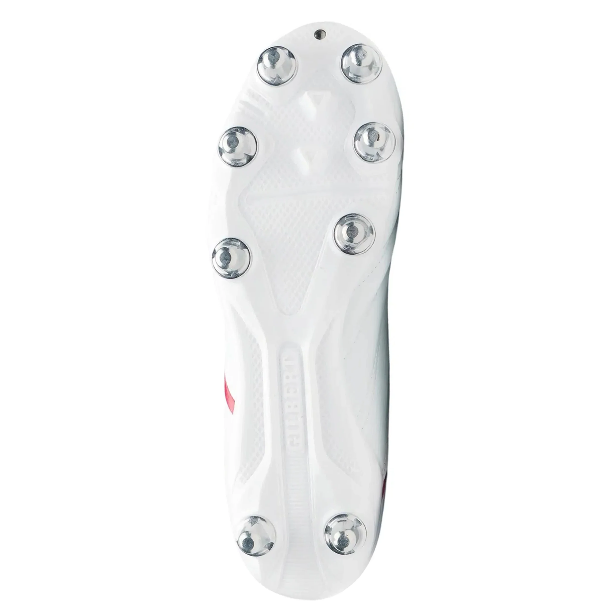 Bottom view of the Gilbert Sidestep X20 8S Power rugby boot in white/red, featuring eight metal studs for soft ground traction, textured grip patterns, and the "GILBERT" brand name—ideal for power forwards.