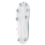 Bottom view of the Gilbert Sidestep X20 8S Power rugby boot in white/red, featuring eight metal studs for soft ground traction, textured grip patterns, and the "GILBERT" brand name—ideal for power forwards.