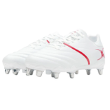 The Gilbert Sidestep X20 8S Power rugby boots in white/red feature metal studs and a side logo—ideal for power forwards needing grip and stability.