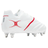 The Gilbert Sidestep X20 8S Power rugby boot in white/red features metal studs and a red curved side design—perfect for power forwards who need extra grip and style.