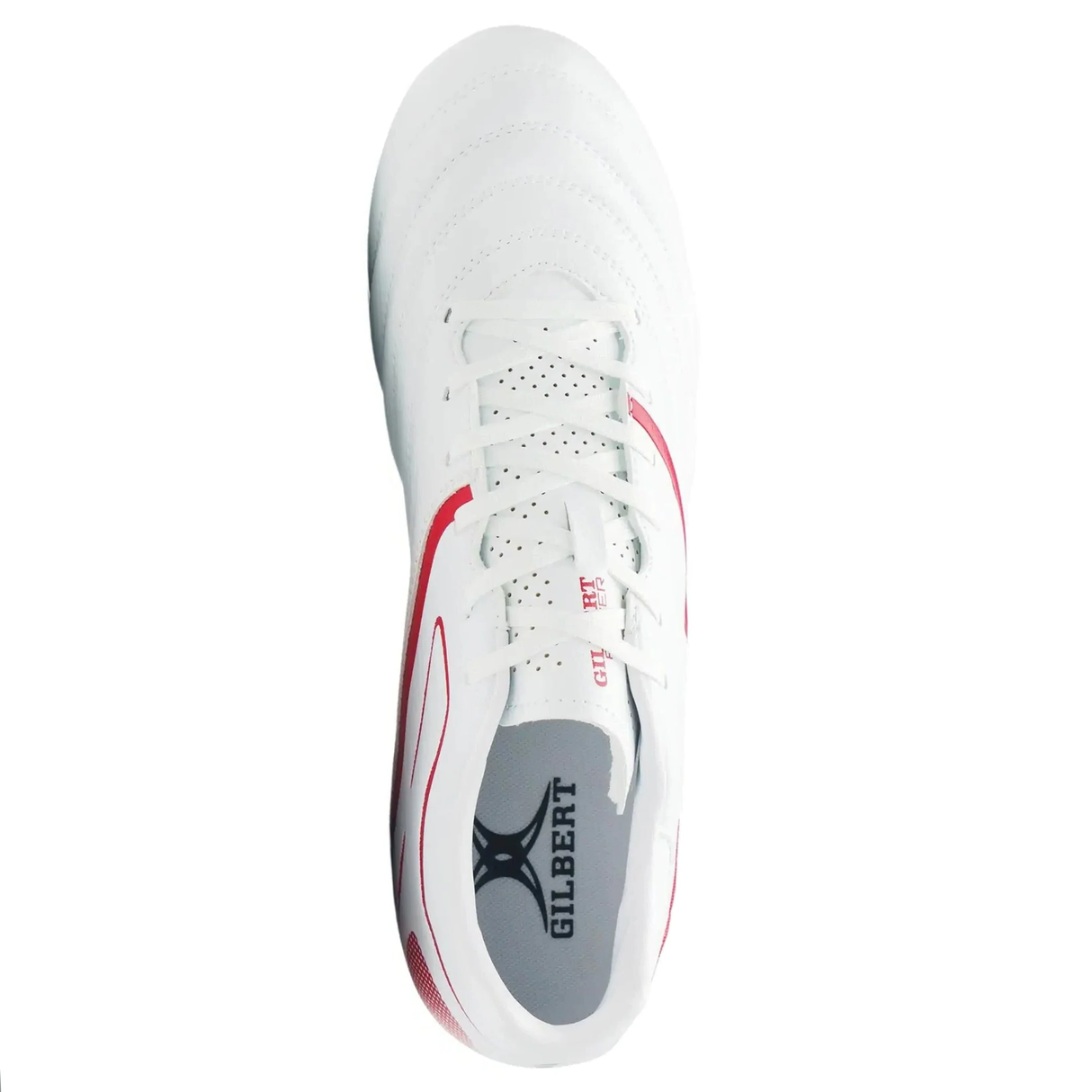 The Gilbert Sidestep X20 8S Power rugby boot in white and red features "GILBERT" branding, a perforated toe area, and is designed for forwards on soft ground, shown in a top view.