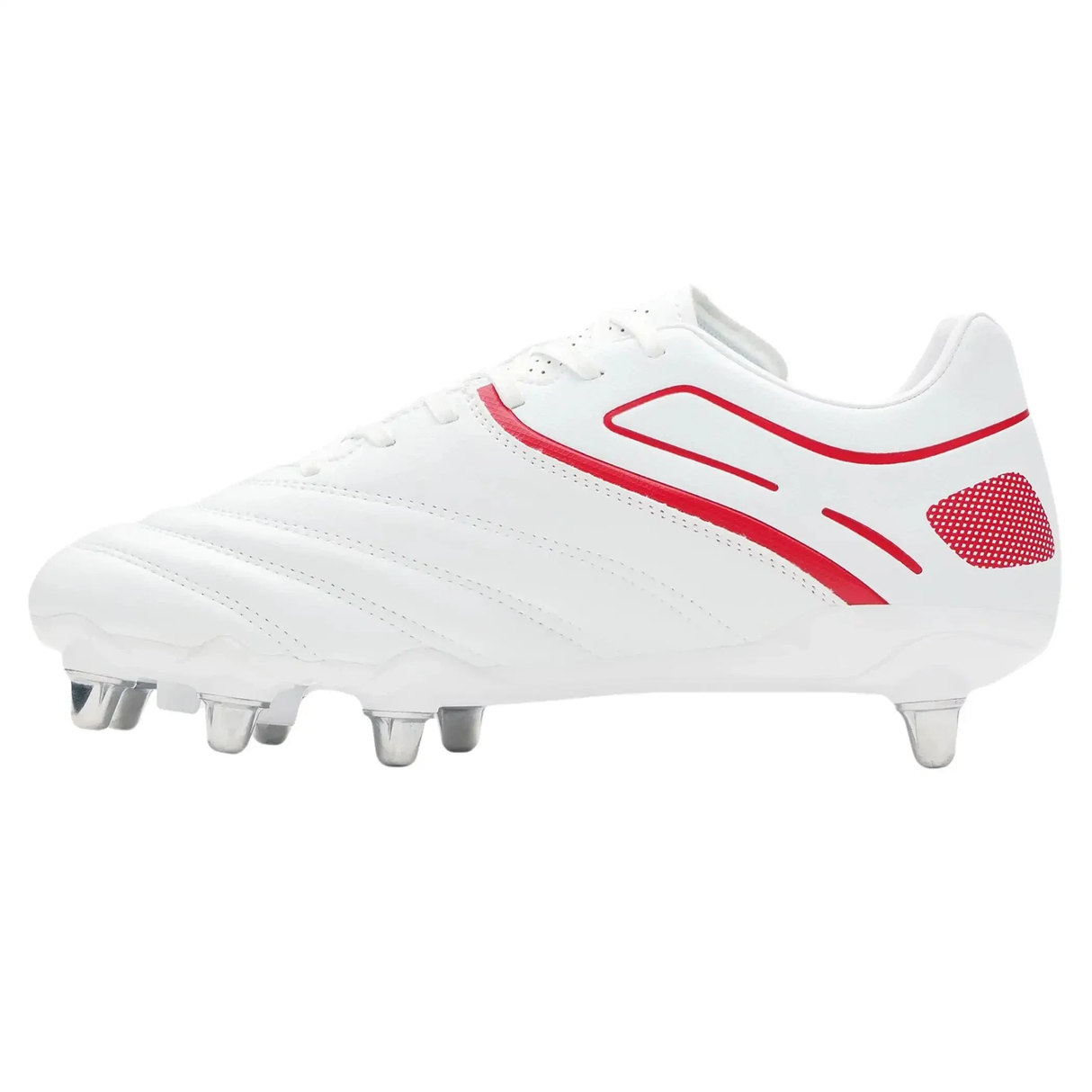 The Gilbert Sidestep X20 8S Power rugby boot in white/red features red accents, laces, and eight metal studs—perfect for forwards—shown in a side view.