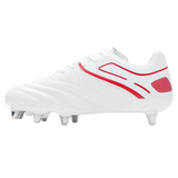 The Gilbert Sidestep X20 8S Power rugby boot in white/red features red accents, laces, and eight metal studs—perfect for forwards—shown in a side view.