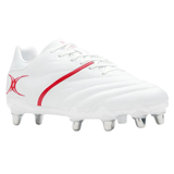 The Gilbert Sidestep X20 8S Power rugby boot by Gilbert features a white design with red accents and metal studs for power forwards, shown from a front-side angle.