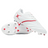 The Gilbert Sidestep X20 6S Power boots in white/red feature metal and plastic studs—one boot upright, the other showing the sole—perfect for speed-focused players.