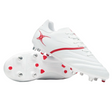 The Gilbert Sidestep X20 6S Power boots in white/red feature metal and plastic studs—one boot upright, the other showing the sole—perfect for speed-focused players.