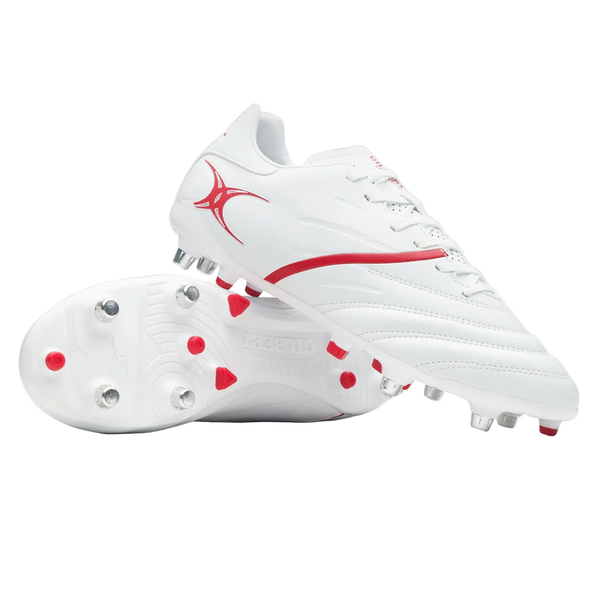 The Gilbert Sidestep X20 6S Power boots in white/red feature metal and plastic studs—one boot upright, the other showing the sole—perfect for speed-focused players.