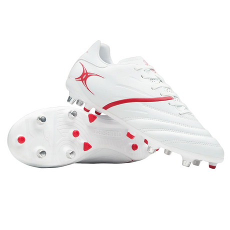 The Gilbert Sidestep X20 6S Power boots in white/red feature metal and plastic studs—one boot upright, the other showing the sole—perfect for speed-focused players.