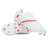 The Gilbert Sidestep X20 6S Power boots in white/red feature metal and plastic studs—one boot upright, the other showing the sole—perfect for speed-focused players.
