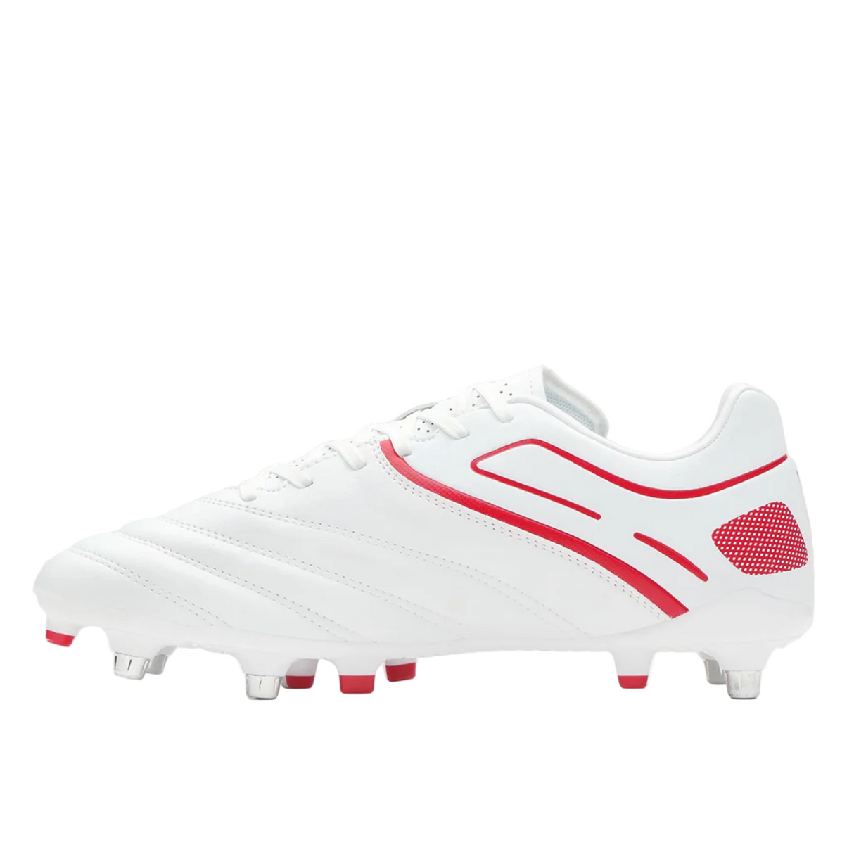 The Gilbert Sidestep X20 6S Power in white/red is a soccer cleat with lace-up closure and metal-tipped studs, perfect for speed-focused players who want top performance on soft ground.