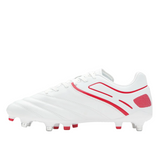 The Gilbert Sidestep X20 6S Power in white/red is a soccer cleat with lace-up closure and metal-tipped studs, perfect for speed-focused players who want top performance on soft ground.