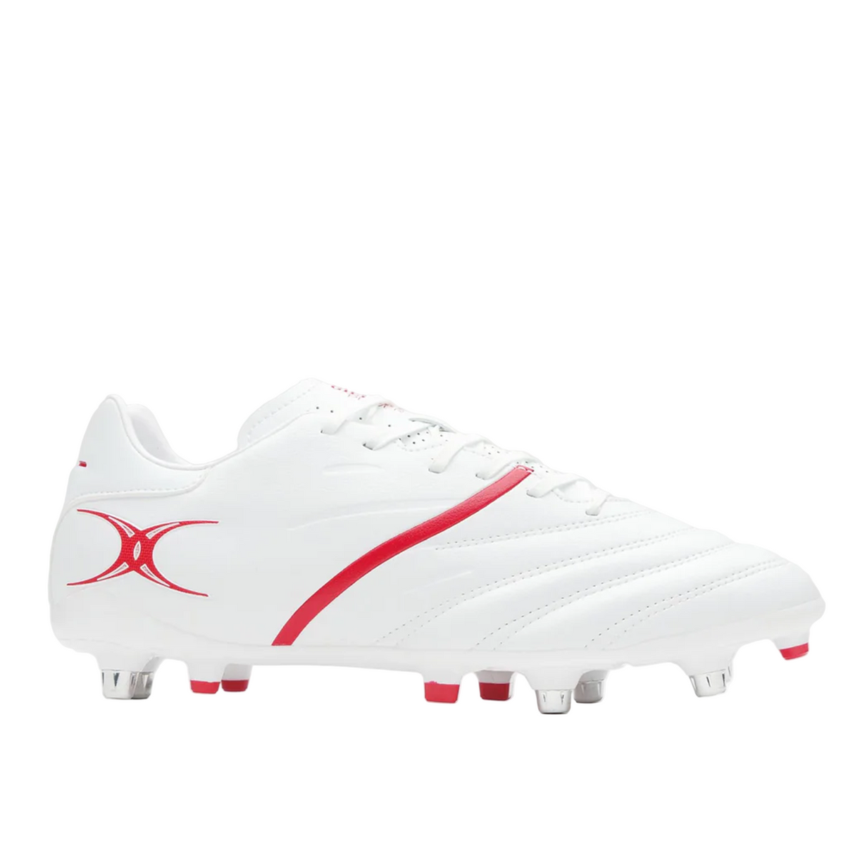 The Gilbert Sidestep X20 6S Power in white/red features metal studs for reliable grip and is designed for speed-focused players seeking soft ground boots. Shown on a plain white background.