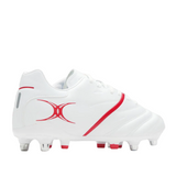 The Gilbert Sidestep X20 6S Power by Gilbert is a white soccer cleat with red accents and a silver heel stud, designed for speed-focused players and displayed from the side on a plain white background.