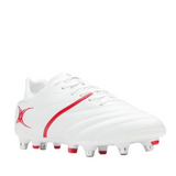 The Gilbert Sidestep X20 6S Power in white and red, a speed-focused soccer cleat with metal studs, is shown against a plain light background.