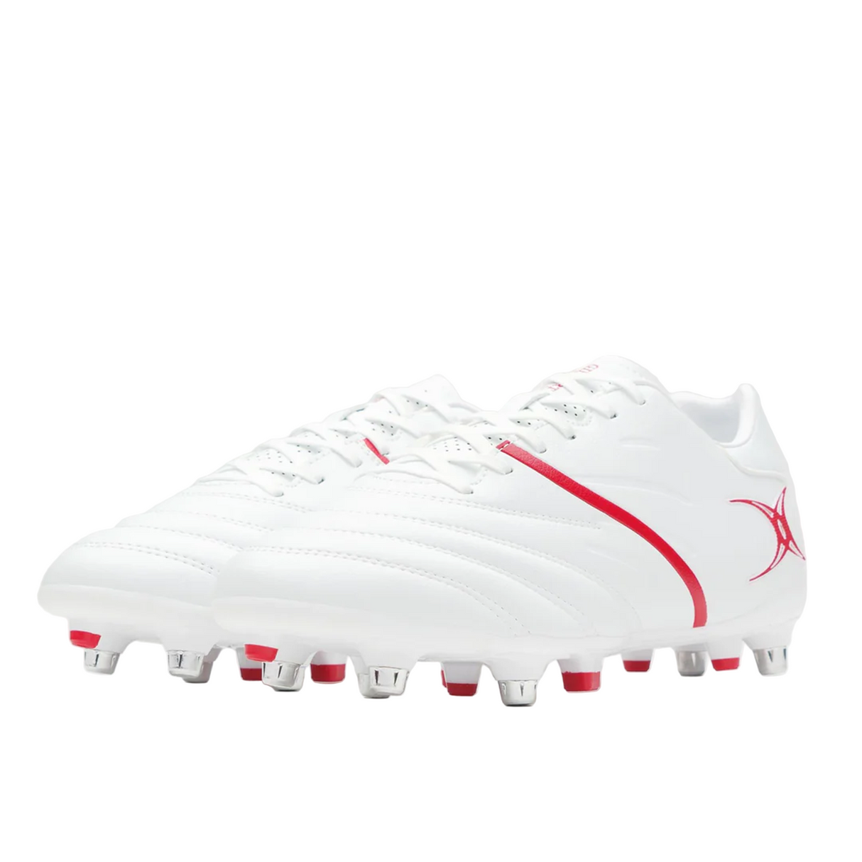 The Gilbert Sidestep X20 6S Power boots in white/red feature metal studs and are ideal for speed-focused players, shown on a plain light background.
