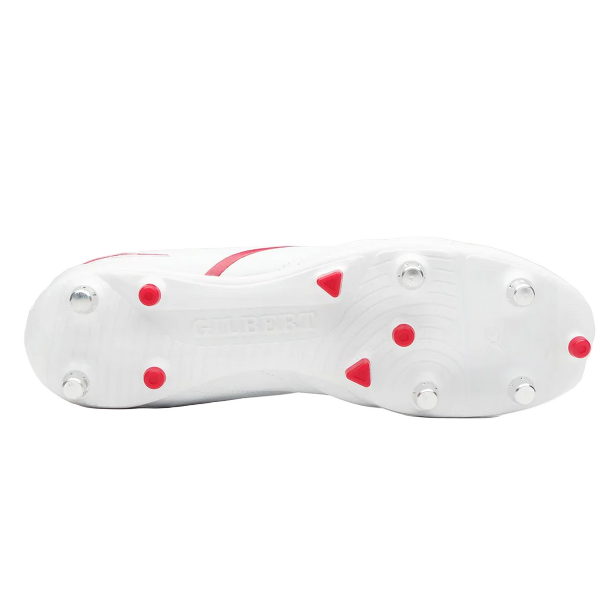The Gilbert Sidestep X20 6S Power rugby boot in white/red features a sole with six metal and three red studs, shown against a plain light background—ideal for speed-focused players needing dependable soft ground boots.