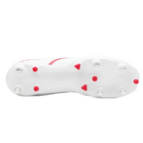 The Gilbert Sidestep X20 6S Power rugby boot in white/red features a sole with six metal and three red studs, shown against a plain light background—ideal for speed-focused players needing dependable soft ground boots.