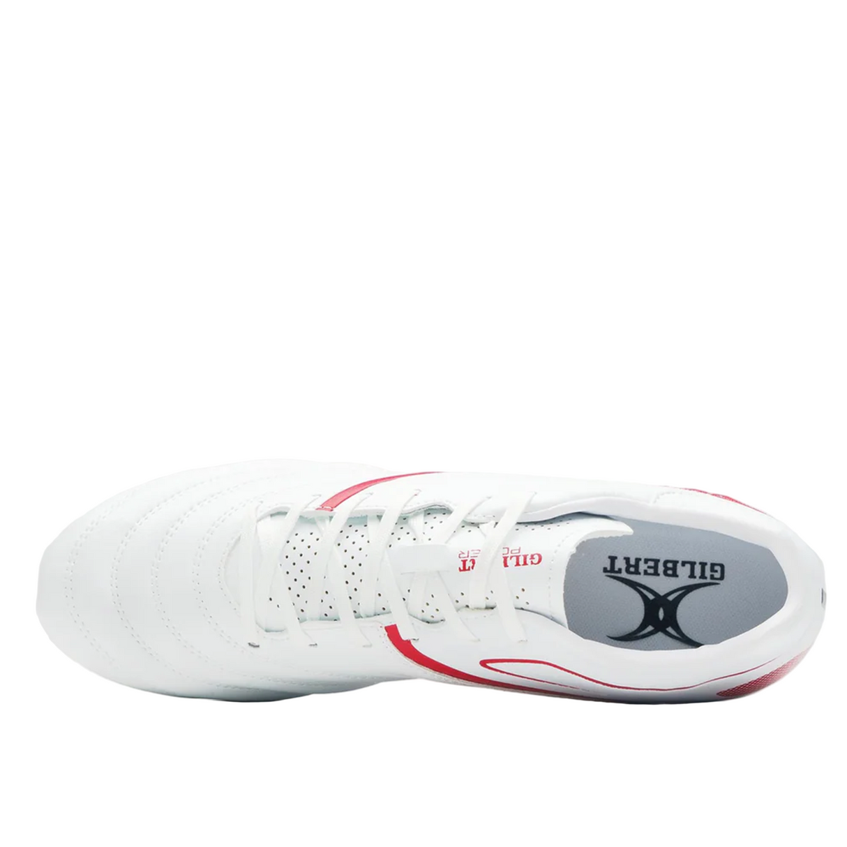 The Gilbert Sidestep X20 6S Power in white/red features red accents, visible laces, perforated toe, and a branded insole—perfect for speed-focused players seeking lightweight performance.