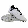 A pair of Gilbert Icon Players 2.0 6S rugby boots in white with black accents and metal studs, one boot displayed upright and the other on its side showcasing the sole.