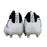 Rear view of a pair of white and black Gilbert Icon Players 2.0 6S rugby boots with metal studs, featuring the word “ICON” vertically on the back heel tabs.