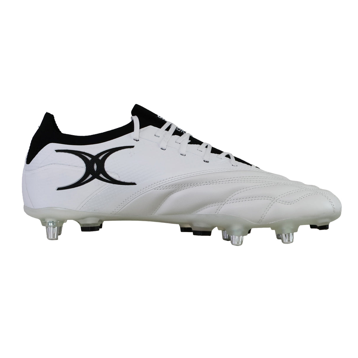 The Gilbert Icon Players 2.0 6S - White/Black is a white rugby boot featuring black trim, a black Gilbert logo on the side, and metal studs on the sole for superior soft ground performance, shown on a plain white background.