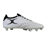 The Gilbert Icon Players 2.0 6S - White/Black is a white rugby boot featuring black trim, a black Gilbert logo on the side, and metal studs on the sole for superior soft ground performance, shown on a plain white background.