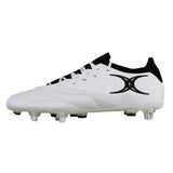 Featuring a white design with black accents and a black Gilbert logo on the side, the Gilbert Icon Players 2.0 6S rugby boots offer elite performance on soft ground with six metal studs for superior traction.