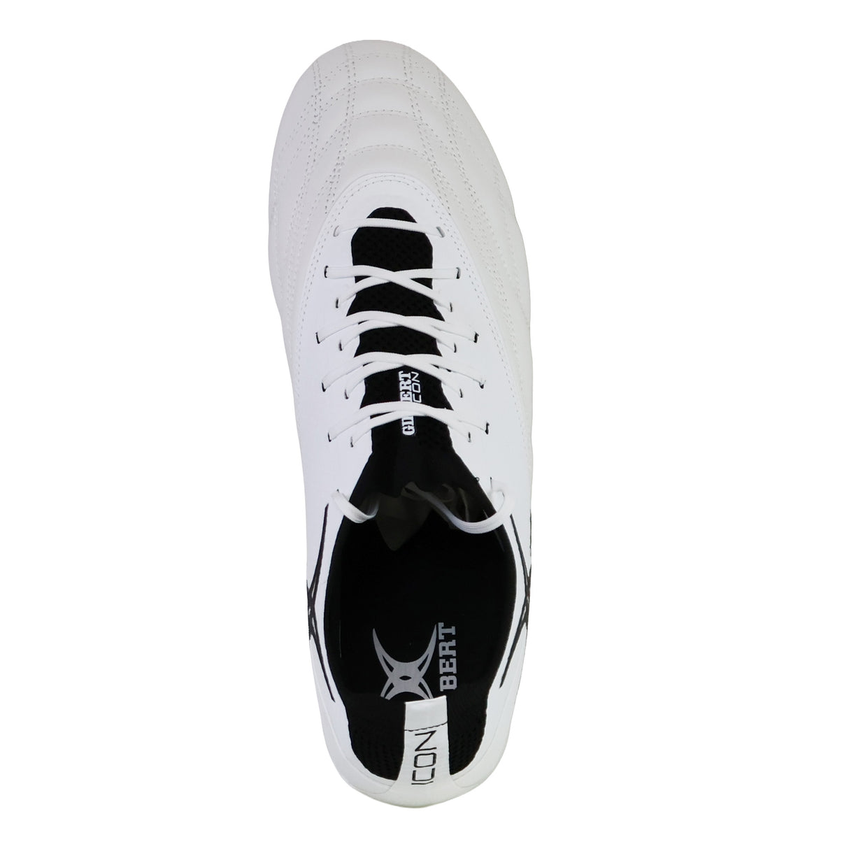 Top view of the Gilbert Icon Players 2.0 6S rugby boot in white with black interior and detailing, featuring “ICON” and “GILBERT” labels on the insole and tongue. This elite boot is engineered for top performance on soft ground rugby pitches.