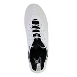 Top view of the Gilbert Icon Players 2.0 6S rugby boot in white with black interior and detailing, featuring “ICON” and “GILBERT” labels on the insole and tongue. This elite boot is engineered for top performance on soft ground rugby pitches.