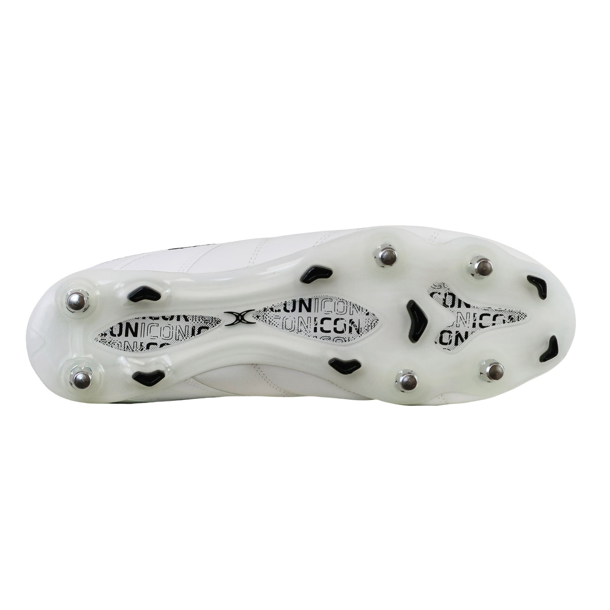 The image shows the sole of a white Gilbert Icon Players 2.0 6S rugby boot with six metal studs and five plastic studs, featuring the word “UNICO” printed repeatedly on the insole.