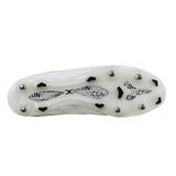 The image shows the sole of a white Gilbert Icon Players 2.0 6S rugby boot with six metal studs and five plastic studs, featuring the word “UNICO” printed repeatedly on the insole.