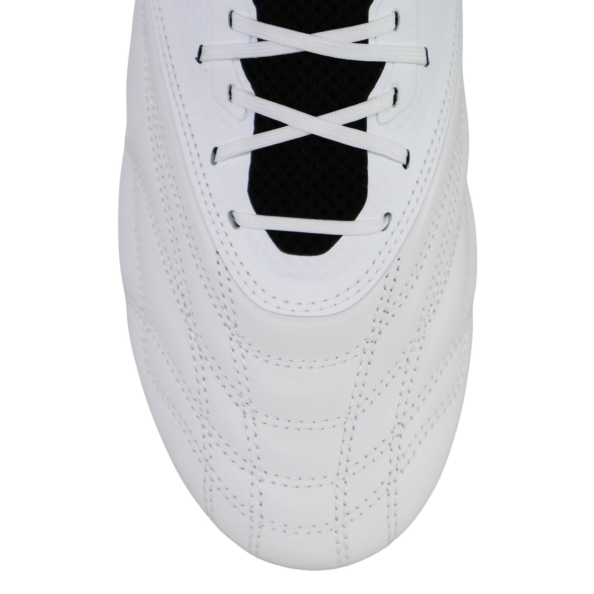 Close-up of the upper section of the Gilbert Icon Players 2.0 6S rugby boot in white and black, featuring black laces, a black mesh tongue, and detailed stitching patterns.