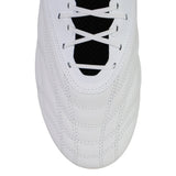 Close-up of the upper section of the Gilbert Icon Players 2.0 6S rugby boot in white and black, featuring black laces, a black mesh tongue, and detailed stitching patterns.