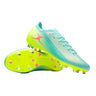 The Gilbert Speedster 6S - Aqua by Gilbert are light blue and yellow soccer cleats with pink accents, featuring a lightweight design, metal studs for optimal soft ground performance, and a secure lace-up closure, displayed on a white background.