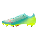 The Gilbert Speedster 6S - Aqua by Gilbert is a lightweight soccer cleat in turquoise and neon yellow with pink accents and metal studs, displayed in a left side profile view.