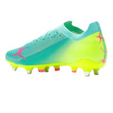 A rear-side view of the Gilbert Speedster 6S - Aqua by Gilbert, a soft ground soccer cleat in turquoise and neon yellow with pink accents and metal studs, featuring a speedplate HYB sole.