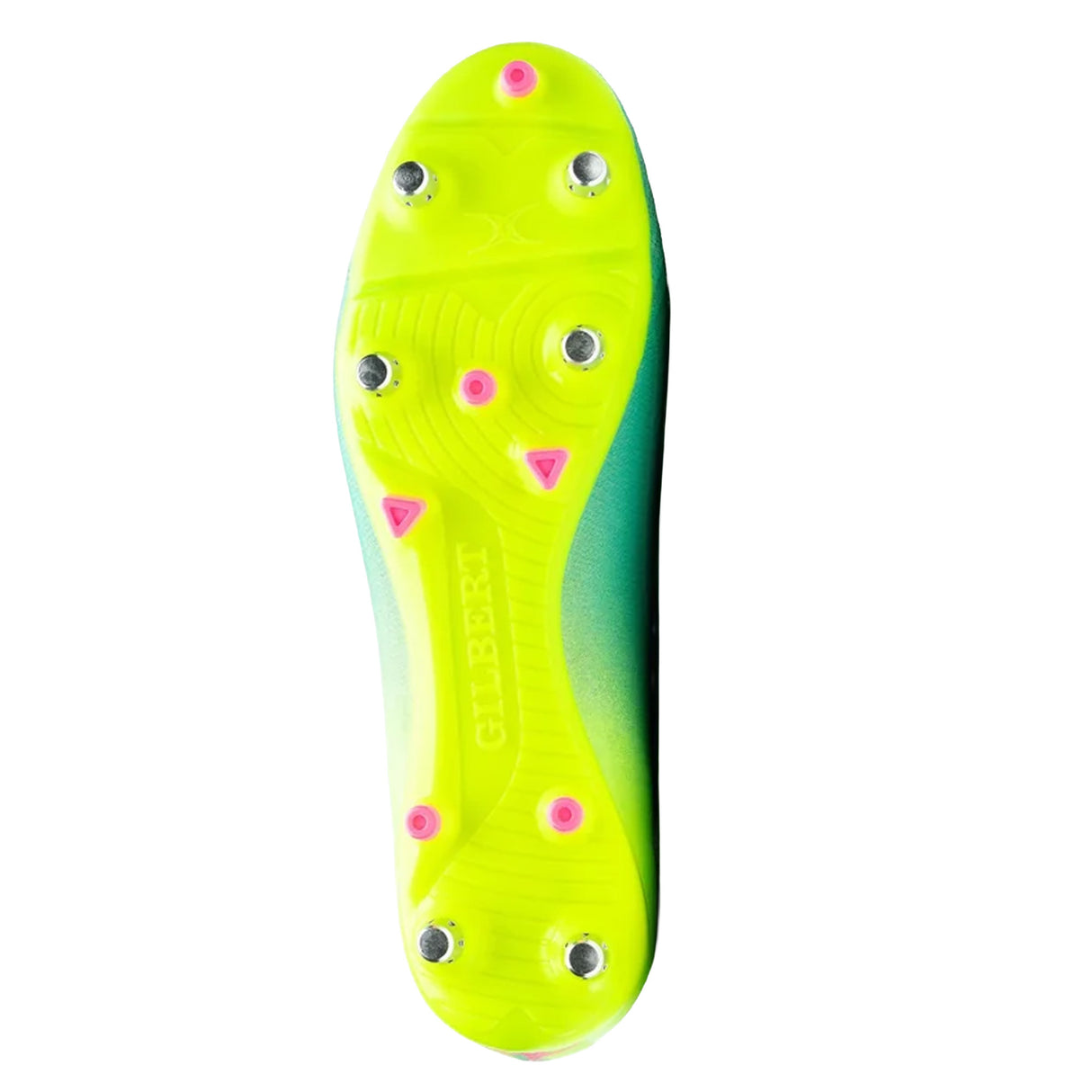 The underside of the Gilbert Speedster 6S - Aqua rugby boot by Gilbert features a lightweight sole in neon green, with metal and pink studs designed for soft ground. The word “GILBERT” is embossed in the center.