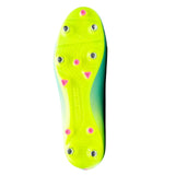 The underside of the Gilbert Speedster 6S - Aqua rugby boot by Gilbert features a lightweight sole in neon green, with metal and pink studs designed for soft ground. The word “GILBERT” is embossed in the center.