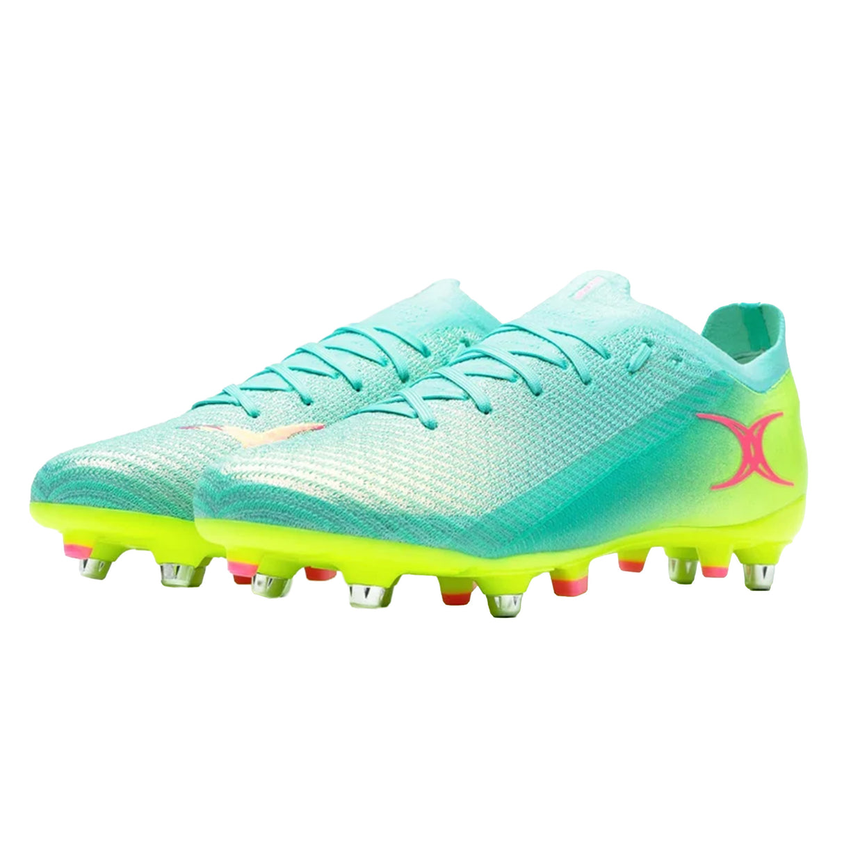 Introducing the Gilbert Speedster 6S - Aqua by Gilbert: lightweight soccer cleats in turquoise and neon green, featuring a pink logo and metallic studs for agile performance on soft ground, showcased against a white background.
