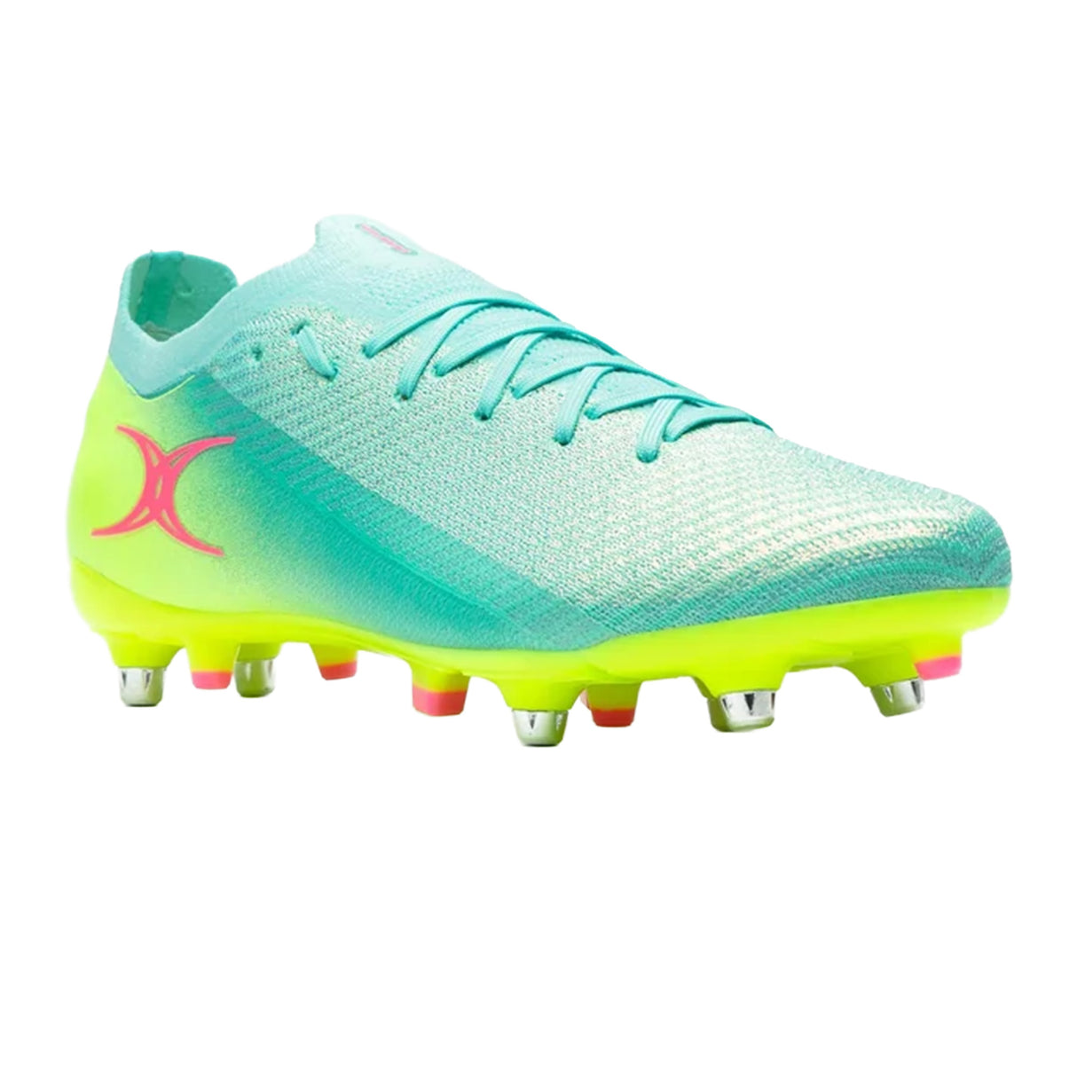 The Gilbert Speedster 6S - Aqua soccer cleat by Gilbert is shown on a white background, featuring a turquoise and neon yellow design with pink accents, metal studs, and a speedplate HYB sole for enhanced traction on soft ground.
