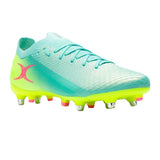 The Gilbert Speedster 6S - Aqua soccer cleat by Gilbert is shown on a white background, featuring a turquoise and neon yellow design with pink accents, metal studs, and a speedplate HYB sole for enhanced traction on soft ground.