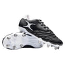 A pair of Gilbert Sidestep Icon 8S SG rugby boots in black and white, designed for soft ground with metal studs and a striking white abstract Gilbert logo on the side. One boot is shown upright, while the other lies on its side to display the sole.